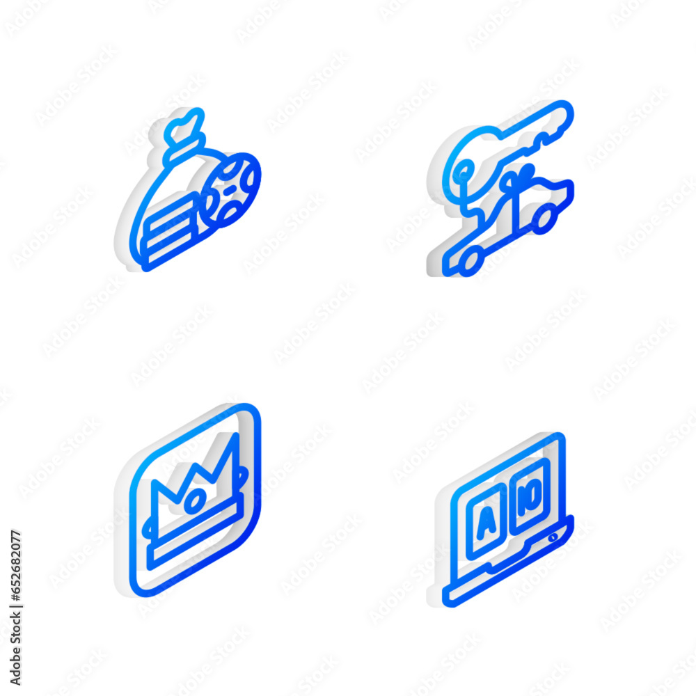Set Isometric line Car gift, Money bag, King playing card and Online poker table game icon. Vector