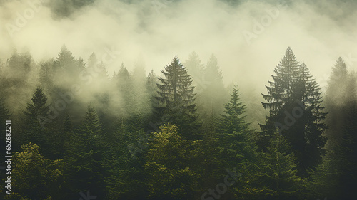 landscape coniferous forest in autumn fog, view of fir trees and pines in the silence and tranquility of wild northern nature background © kichigin19