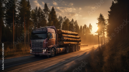Semi truck with a trailer surrounded by forest and logs drives along mountain serpentine road in the highlands during sunset