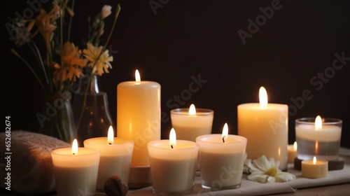 spa or meditation massage therapy center table setting of aromatic candles towels and oil bottles and flowers