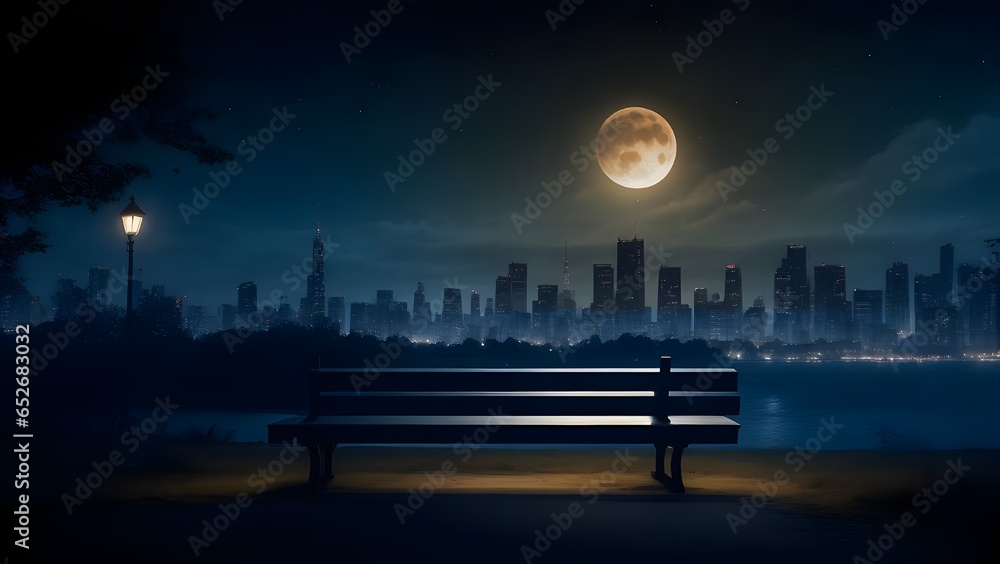 Empty wooden bench and starry sky at night with the city lights in the ...