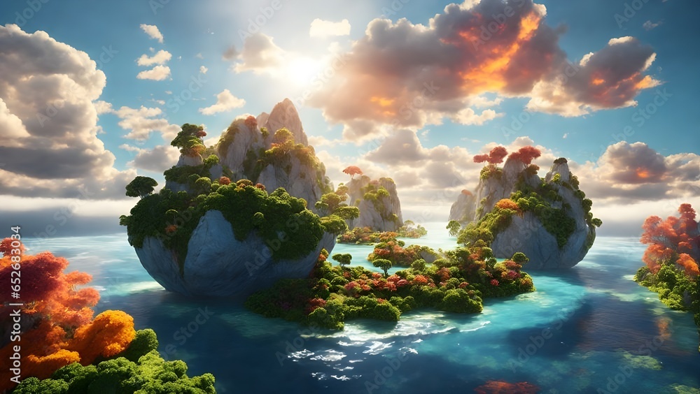 A breathtaking landscape of floating islands.Each one unique in shape and size. AI Generative - obrazy, fototapety, plakaty 