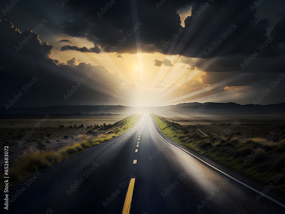 The road leads towards a bright destination.AI Generative