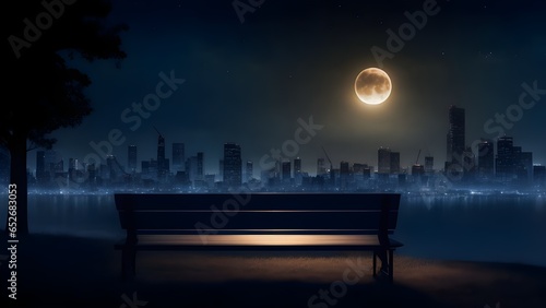 Empty wooden bench and starry sky at night with the city lights in the distance.AI Generative