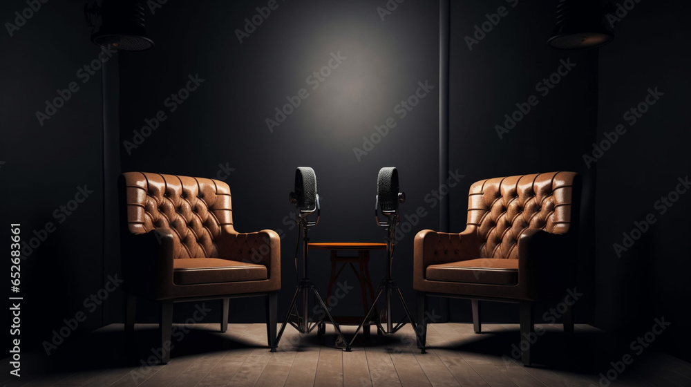 two chairs and microphones in podcast or interview room on dark background - obrazy, fototapety, plakaty 