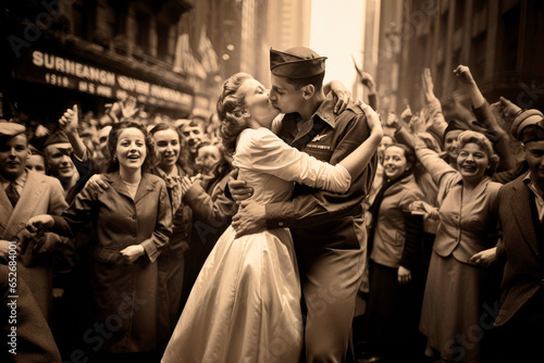 1945 World War II Victory Celebration: A Crowd's Joyful Moments Captured as a Soldier Embraces His Nurse Girlfriend in Sepia
