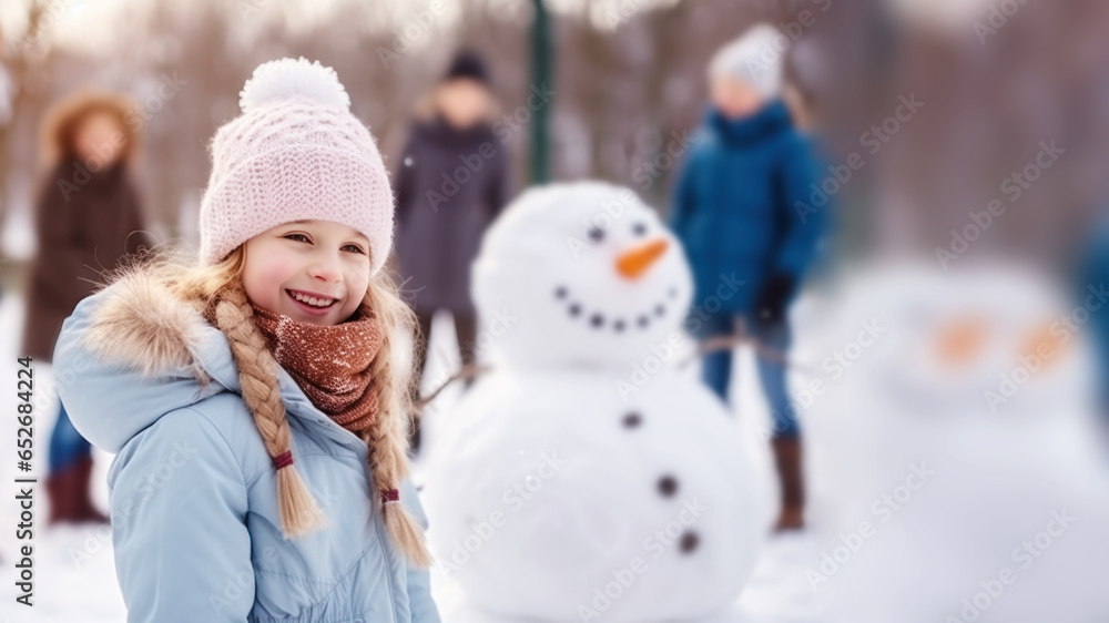 Blonde girl building snowman at the crowded park in winter Blonde girl building snowman at the crowded park in winter