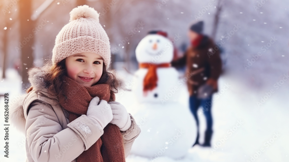 Brunette girl building snowman at the crowded park in winter Brunette girl building snowman at the crowded park in winter