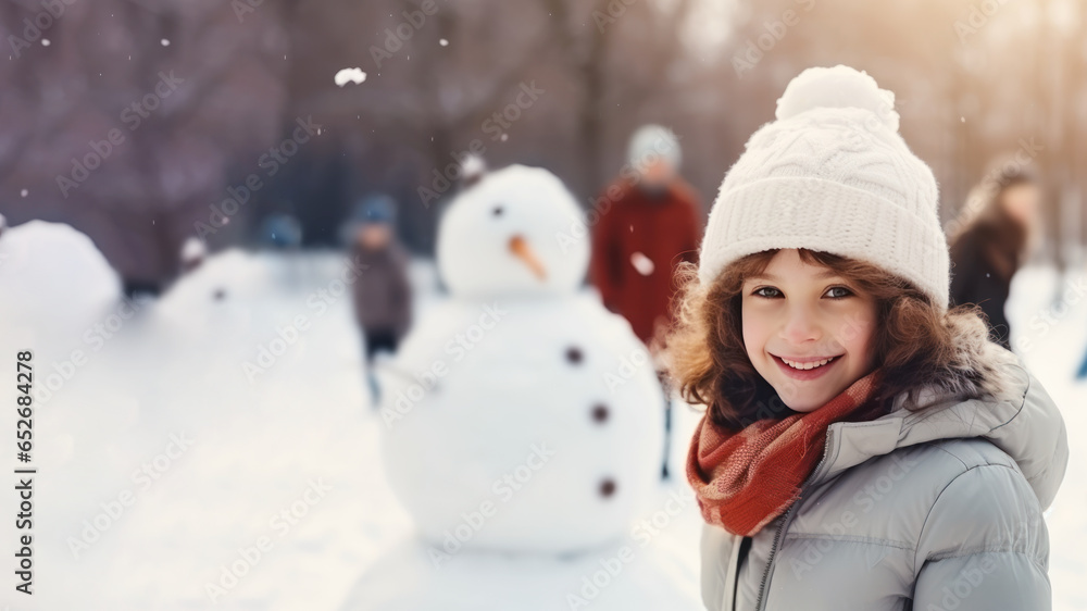 Brunette girl building snowman at the crowded park in winter