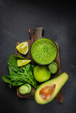 Green healthy drink. Vegetable juice. Vegetarian food. Detox. Healthy food concept. place for text, top view