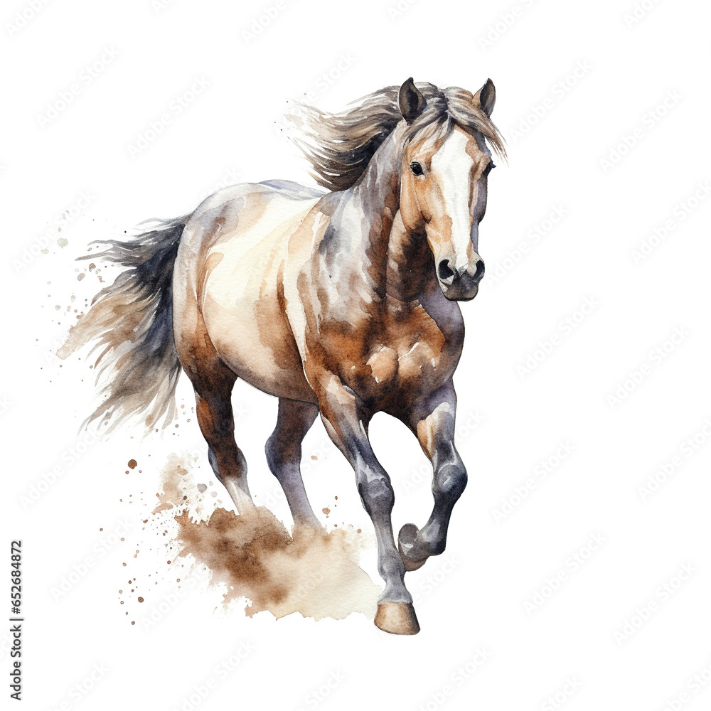 Fototapeta premium Watercolor running horse isolated on white background. Aquarelle painting illustration.