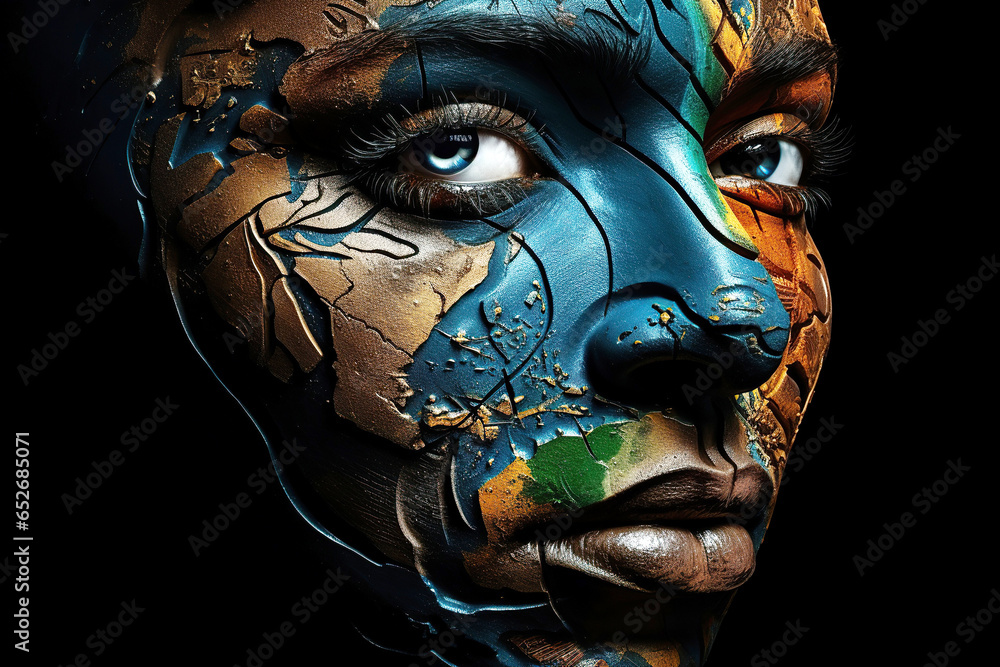 Woman with blue and golden body paint. An amazing model with colorful, multicolored makeup. Face closeup with crack effect. Attractive young girl with art bodypaint. Woman with blue and golden body paint. An amazing model with colorful, multicolored makeup. Face closeup with crack effect. Attractive young girl with art bodypaint.