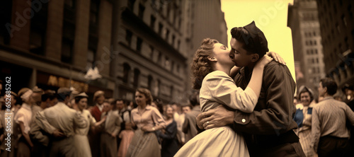 1945 World War II Victory Celebration: A Crowd's Joyful Moments Captured as a Soldier Embraces His Nurse Girlfriend in Sepia