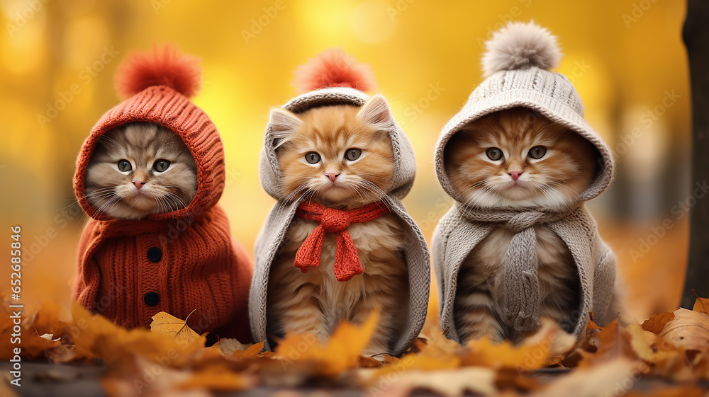 a group of cute kittens in an autumn park, dressed in small clothes, joke calendar greeting, autumn look a group of cute kittens in an autumn park, dressed in small clothes, joke calendar greeting, autumn look