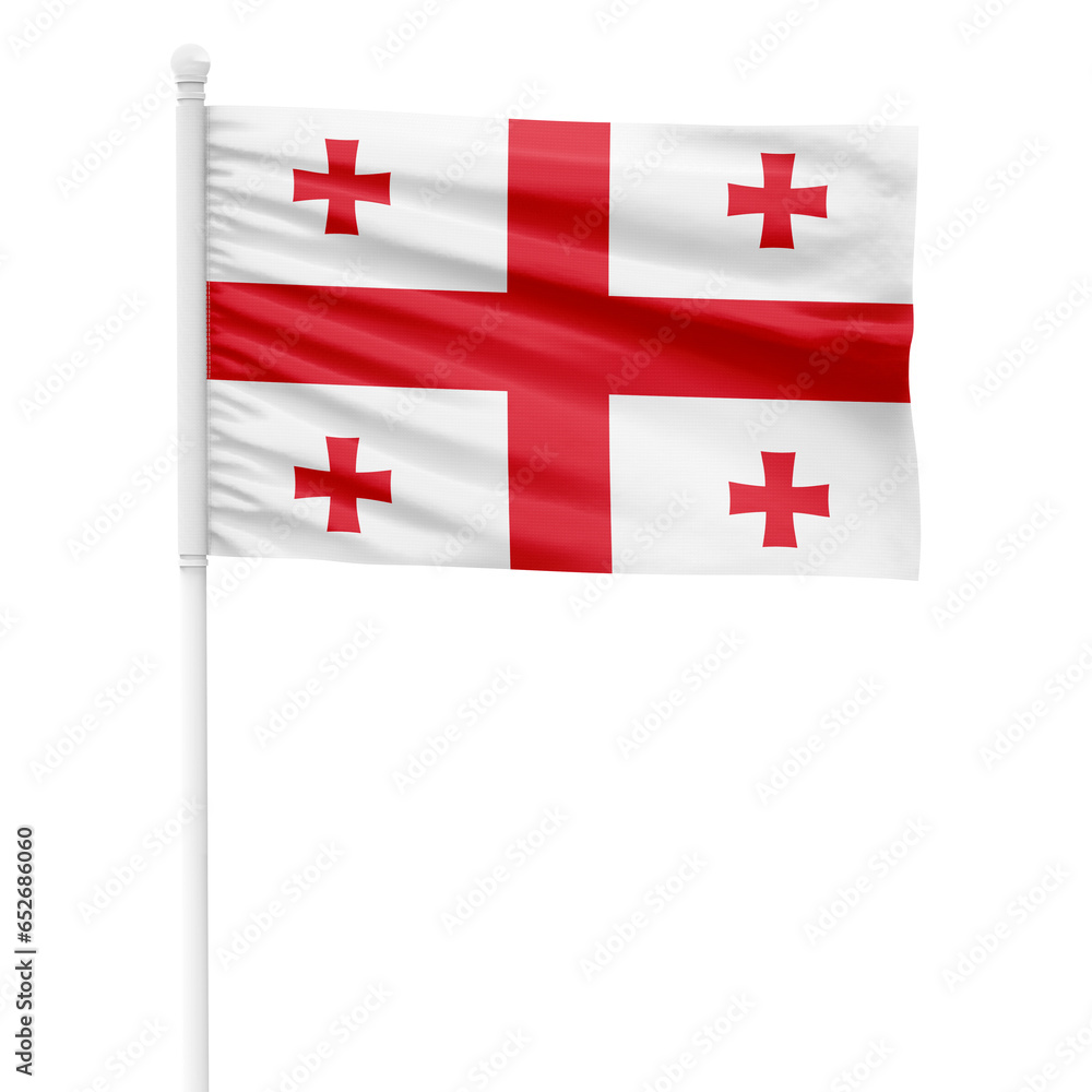 Georgia flag isolated on cutout background. Waving the Georgia flag on a white metal pole.