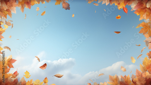 autumn frame of dry falling yellow leaves against a blue sky with white clouds, an empty blank with a copy space