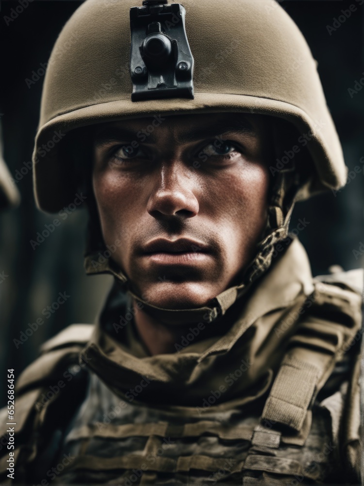 Photography of an ultra realistic Soldier in dramatic light Photography of an ultra realistic Soldier in dramatic light