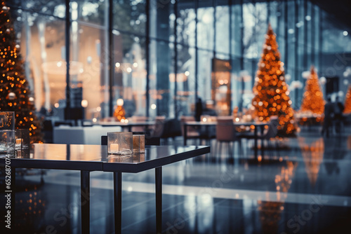 An abstract blurred office interior background at the reception center, beautifully adorned with Christmas lights and traditional French holiday decor. Capture the festive Parisian charm.