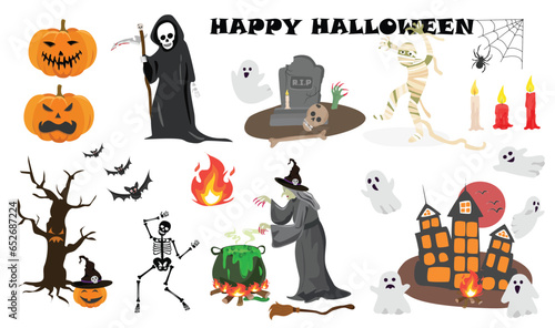Happy Halloween vector set. Halloween element clip art, pumpkin, grim reaper, death, mummy, zombie hand, ghost, haunted house, bat, witch, spooky tree, potion cauldron, gravestone, candle. Flat vector