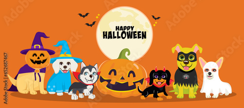 Vector illustration of dogs with Halloween costumes celebrating holiday. Happy pets wearing witch, magician, vampire, demon, spider and ghost disguise greeting card with big pumpkin