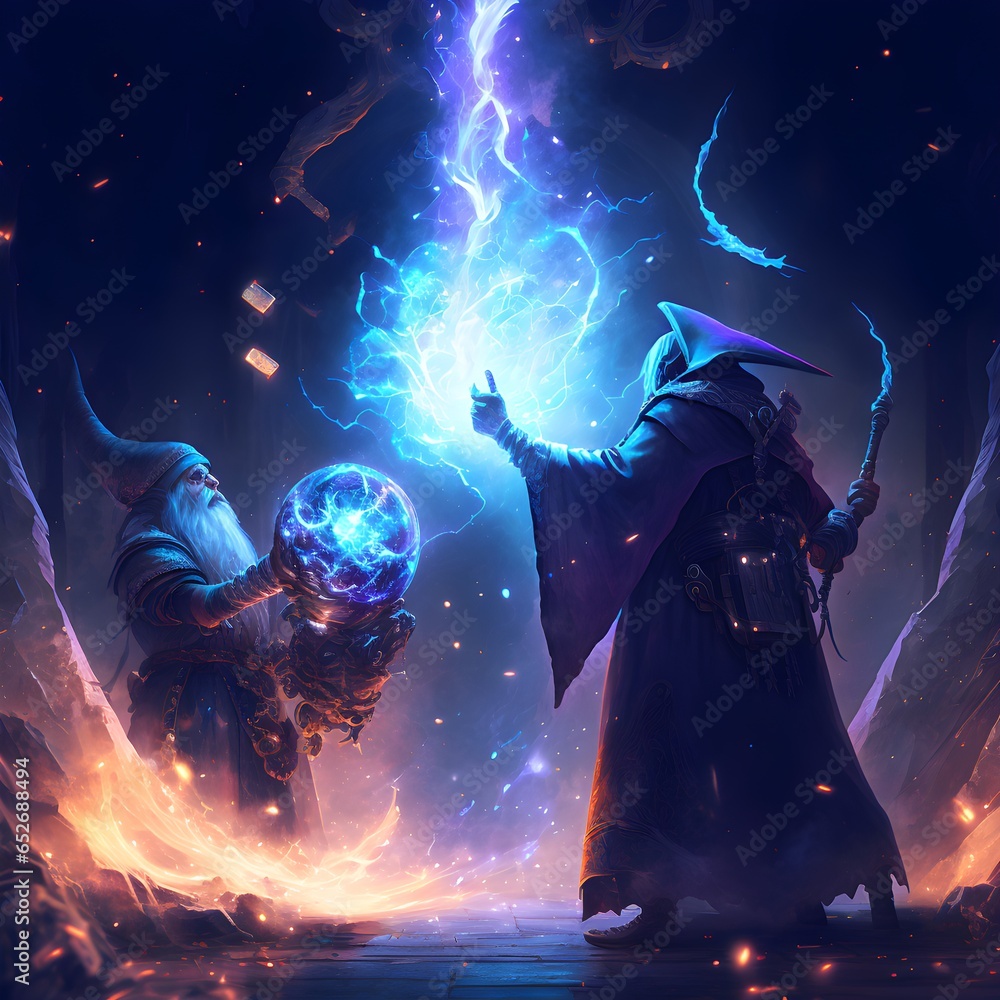 a grand arch wizard hanging a magic battle with another wizard lightning fireballs Meteors