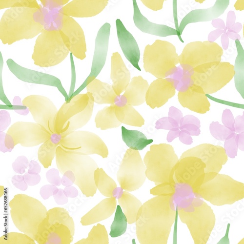 Floral in yellow and pink. Seamless watercolor abstract botanical pattern.