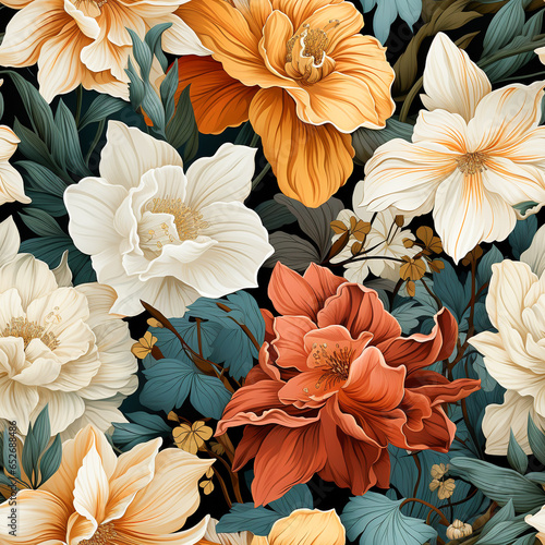 Wallpaper Mural Seamless pattern colorful Daffodil Flowers vintage style, multiple sizes , AI generated Torontodigital.ca