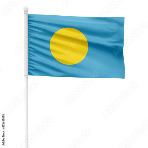 Palau flag isolated on cutout background. Waving the Palau flag on a white metal pole.