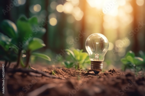 An electric light bulb growing in the forest. Renewable energy sources and energy conservation. Concept of environmental conservation and global warming. Earth Day. 