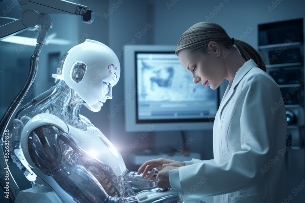 Naklejka premium Human and AI Symbiosis in Advanced Urban Landscapes. Futuristic Background with Smart Robots and Androids.