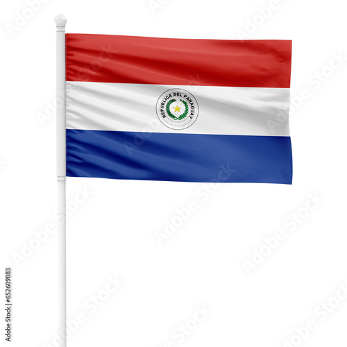 Paraguay flag isolated on cutout background. Waving the Paraguay flag on a white metal pole. photo