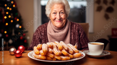 Elderly Lady Embracing Christmas Traditions, Offering Plate of Delicious Holiday Sweets, Festive Delights Abound

 photo