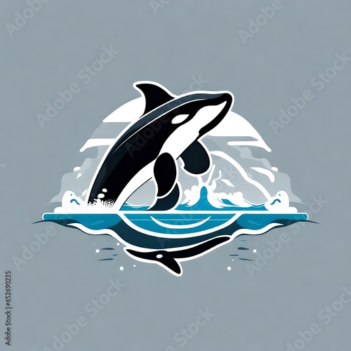 A logo for a business or sports team featuring a stylized  orca whale in the ocean that is suitable for a t-shirt graphic. photo