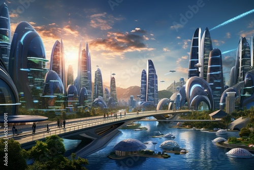Human and AI Symbiosis in Advanced Urban Landscapes. Futuristic Background with Smart Robots and Androids.