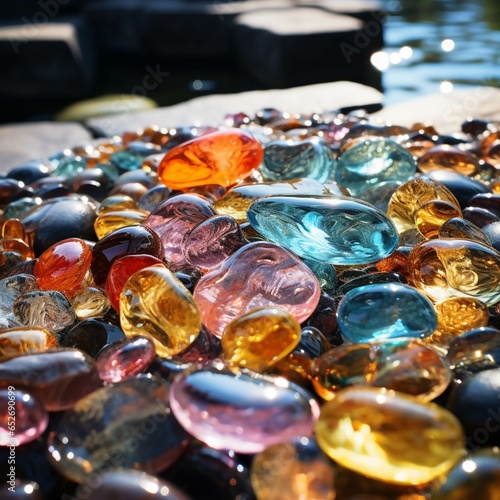 Colorful beads of various shapes and sizes on a stone background.