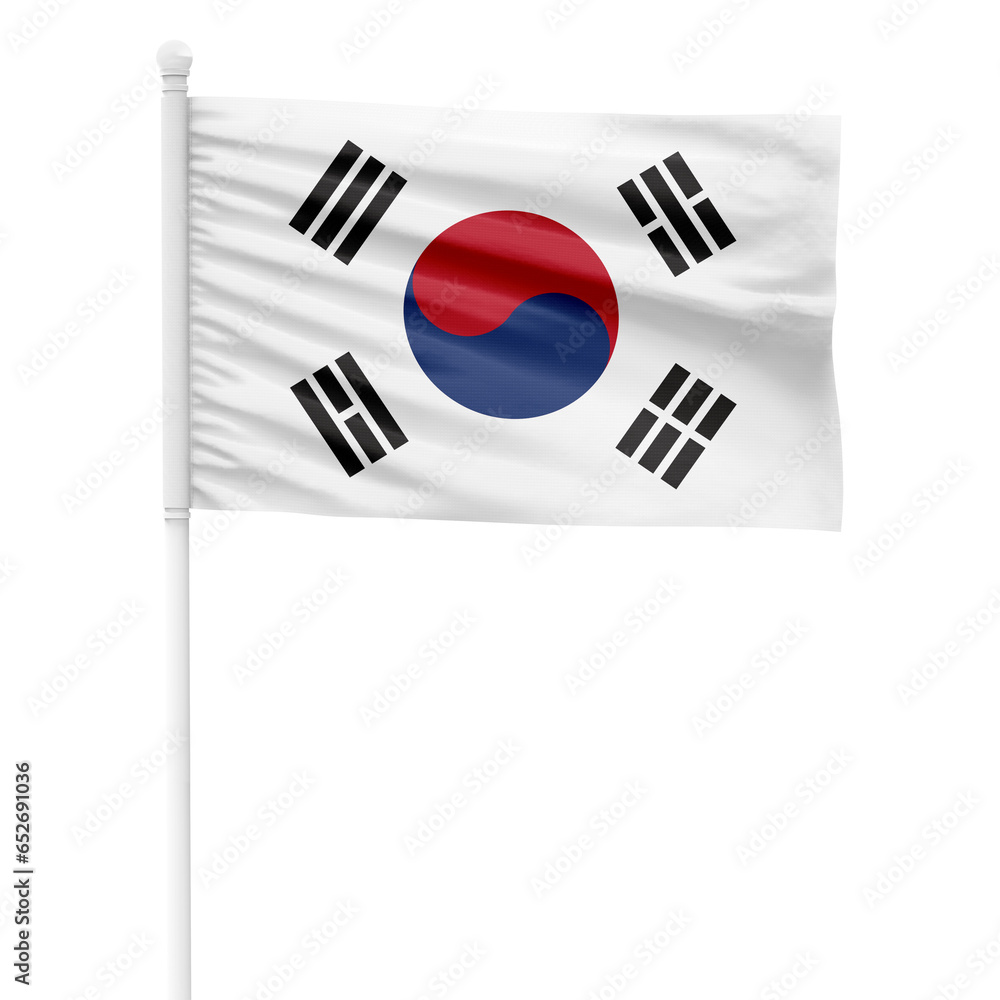 South Korea flag isolated on cutout background. Waving the South Korea flag on a white metal pole.