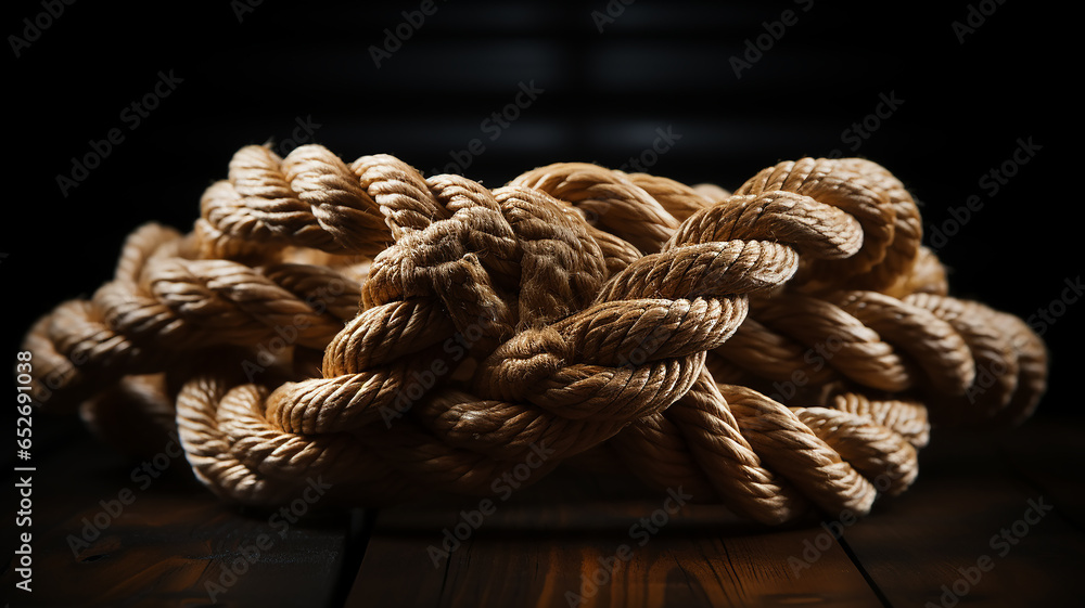 the gordian knot of rough rope is isolated on a black background the gordian knot of rough rope is isolated on a black background