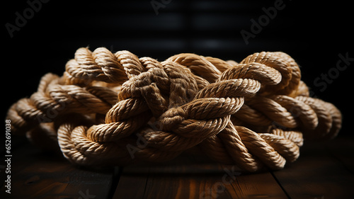 the gordian knot of rough rope is isolated on a black background