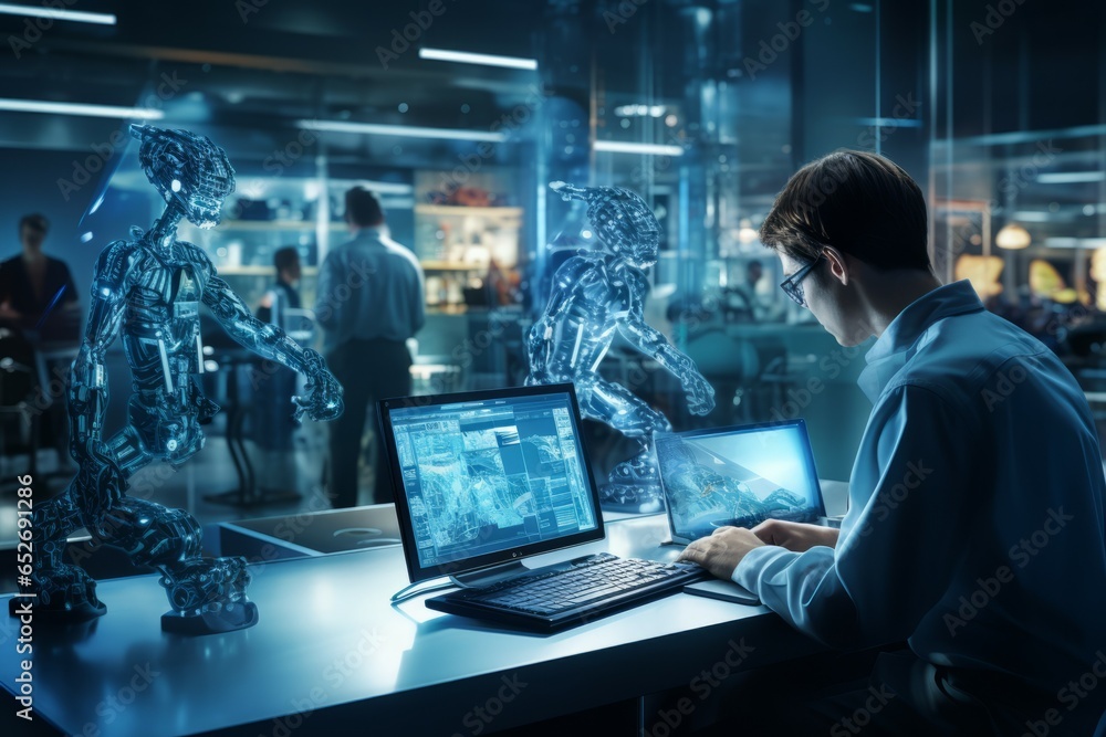 Human and AI Symbiosis in Advanced Urban Landscapes. Futuristic Background with Smart Robots and Androids. Human and AI Symbiosis in Advanced Urban Landscapes. Futuristic Background with Smart Robots and Androids.
