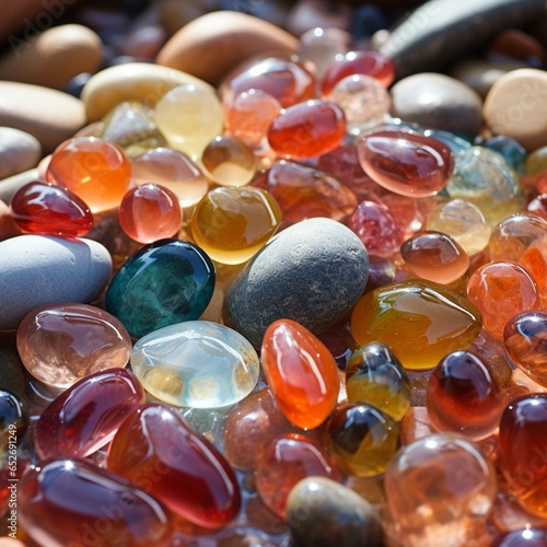 Colorful beads of various shapes and sizes on a stone background.