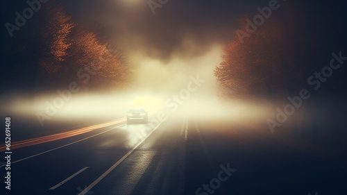 autumn fog on a wet night road in the headlights of a car, autumn dangerous driving weather, fog in the light of a car