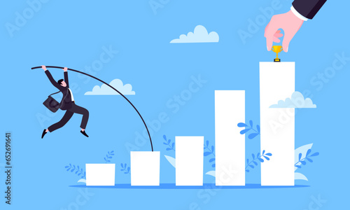 Businessman jumps pole vault over graph bars flat style design vector illustration business concept. Business growth and goal achievement concept.