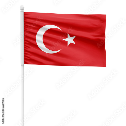 Turkey flag isolated on cutout background. Waving the Turkey flag on a white metal pole. photo