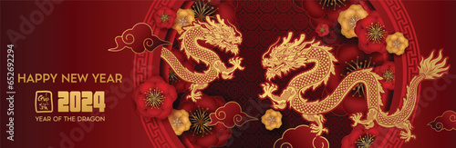 Vietnamese Lunar New Year 2024   Year of the dragon with Asian elements red paper cut style on peach blossom background