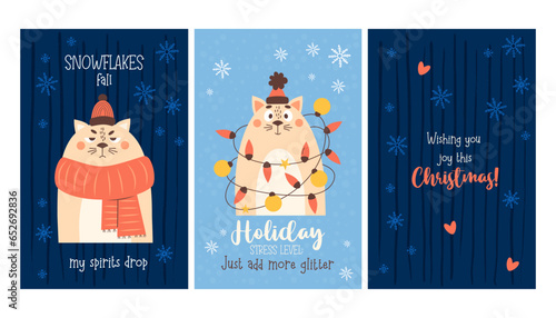 Set Christmas card. Cute cat in New Year garland with balls and an unhappy dissatisfied cat in scarf on blue background with snowflakes. Vector illustration. Cool Xmas holiday vertical postcard.