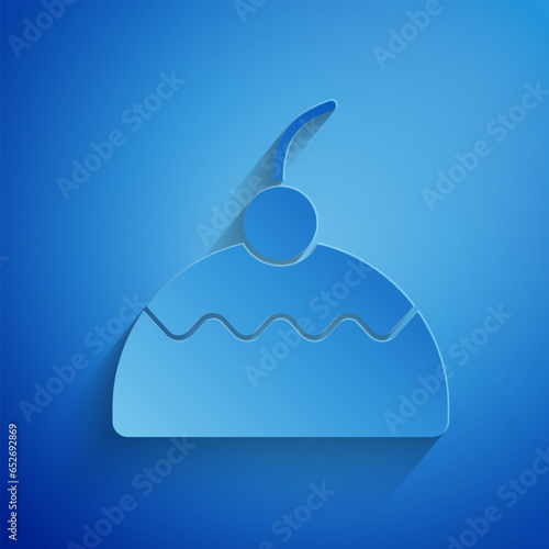 Paper cut Cake icon isolated on blue background. Happy Birthday. Paper art style. Vector