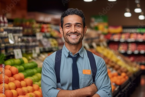 Confident Hispanic Supermarket Employee Posing in Store, "Smiling Hispanic Employee, A Professional Snapshot in a Supermarket Setting