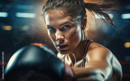 Professional female boxer in a heavy fight game take extreme punch in face sport action close-up photo. Generative AI © piai