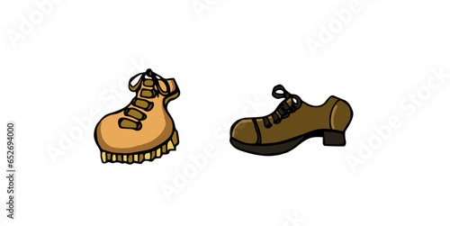 Two isolated brown man shoes, different points of view. Footwear, objects. Colorful comic cartoon hand drawn style vector illustration on white background.
