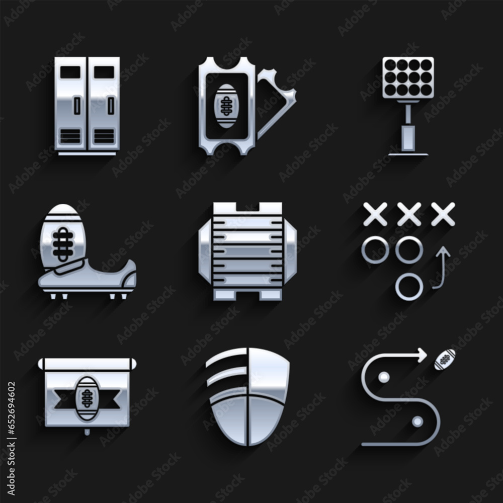 Fototapeta premium Set American football field, Planning strategy concept, tv program, Soccer or shoes with spikes, Bright stadium lights and Locker changing room for football, basketball team workers icon. Vector